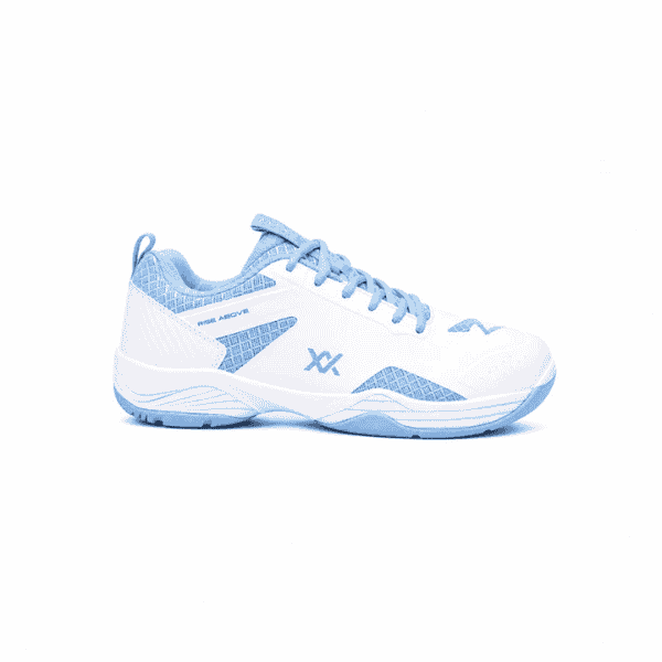 Maxx X Superman Badminton Shoes in white and light blue non-marking sole.