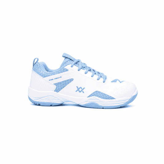 Maxx X Superman Badminton Shoes in white and light blue non-marking sole.