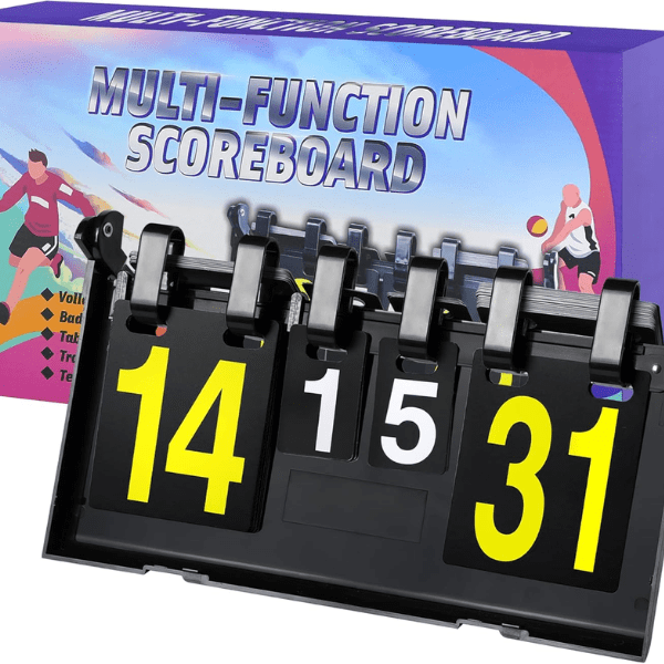 Multi-function scoreboard with digital display in front of a sports-themed box