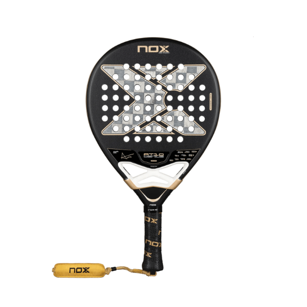 Padel racket with black and gold design on a white background
