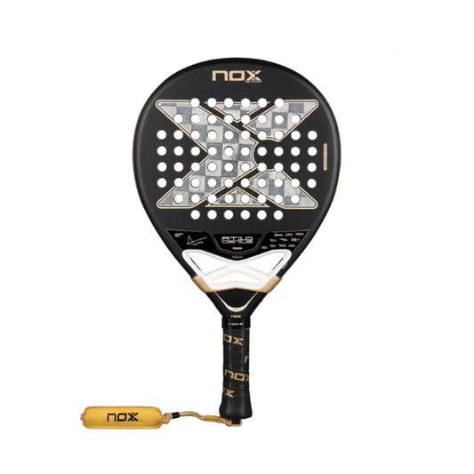 Padel racket with black and gold design on a white background