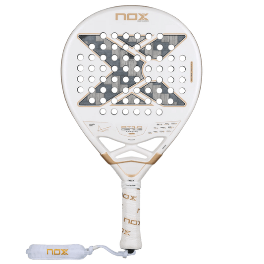 White and gold NOX paddle racket on a white background