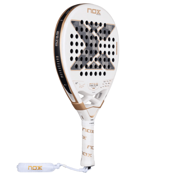 White and gold NOX paddle racket on a white background
