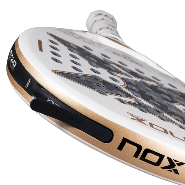 Close-up of a tennis racket with 'NOX' branding on a white background