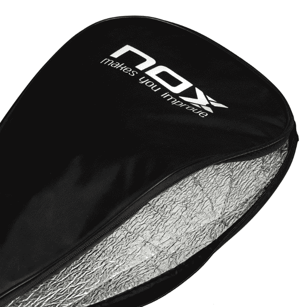 Close-up of a badminton racket cover with 'NOX' branding on a white background