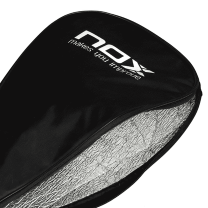 Close-up of a badminton racket cover with 'NOX' branding on a white background