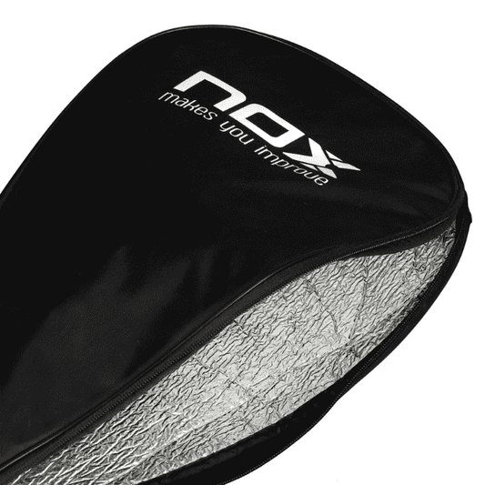 Close-up of a badminton racket cover with 'NOX' branding on a white background