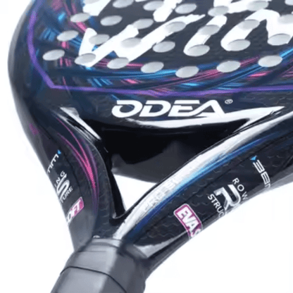 Close-up of a ODEA racket with branding and text on a white background