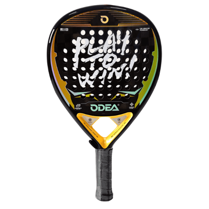 Padel racket with black and yellow design on a white background