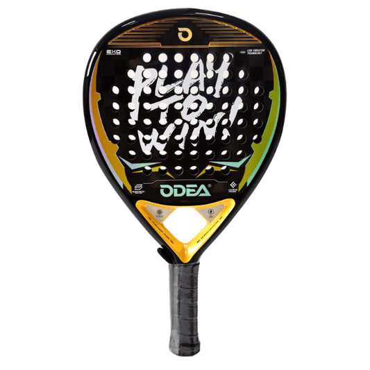 Padel racket with black and yellow design on a white background