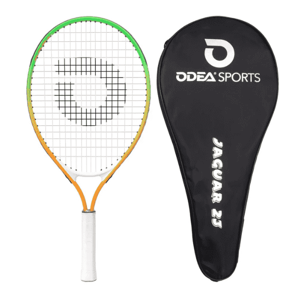 Tennis racket with green frame and orange strings, accompanied by a black cover with 'DPEA Sports' branding.