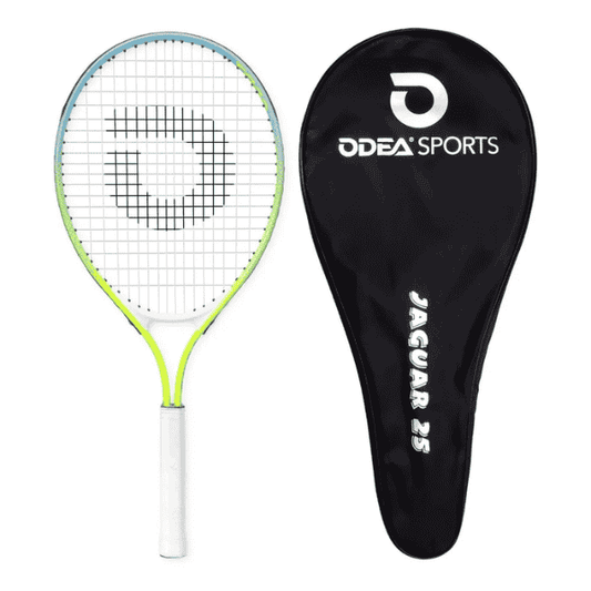 Tennis racket with black cover featuring Odea Sports logo on a white background