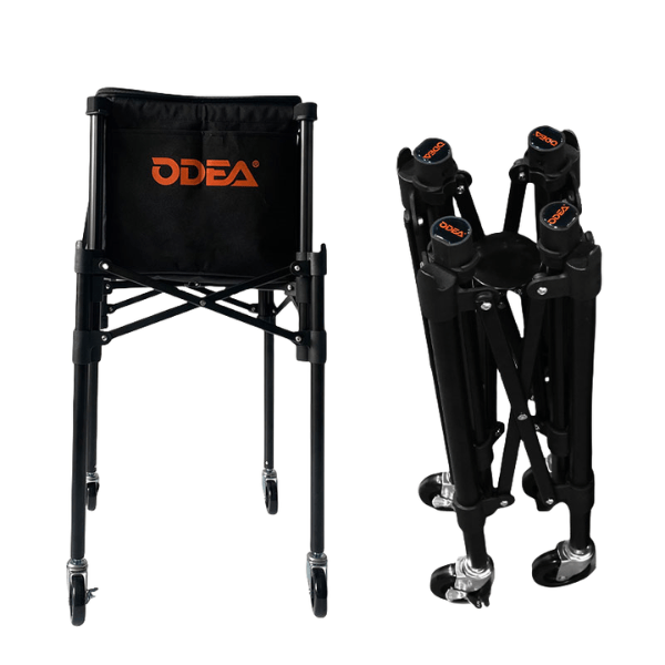 Black folding chair with wheels and a black bag featuring 'ODEA' branding on a white background.