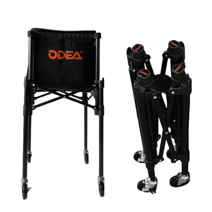 Black folding chair with wheels and a black bag featuring 'ODEA' branding on a white background.