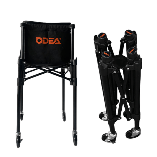 Black folding chair with wheels and a black bag featuring 'ODEA' branding on a white background.