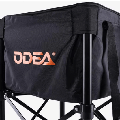Black folding chair with 'ODEA' logo on a white background