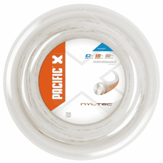Reel of Pacific X Nyltec tennis string on a white background