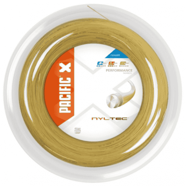 Reel of Pacific Nyltec tennis string on a white background