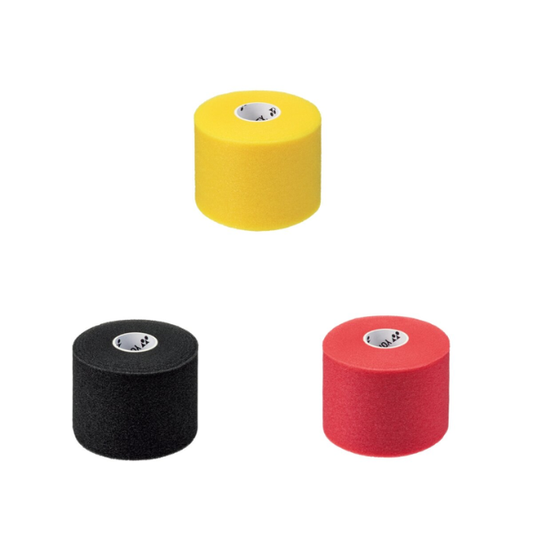 Three rolls of tape in yellow, black, and red on a white background