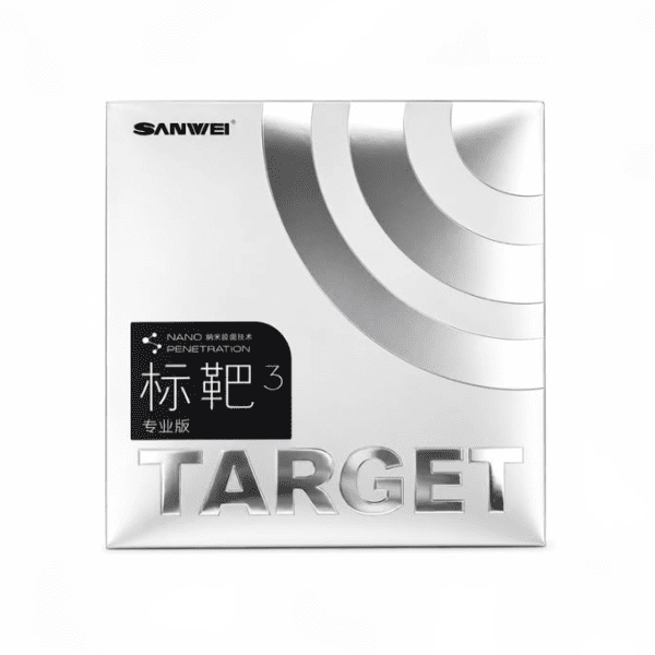 SANWEI Target 3 table tennis rubber in silver retail packaging with metallic arc graphics, Nano Penetration Technology, and ITTF approval, designed for high spin, speed, and offensive performance.