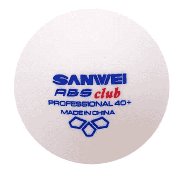 White table tennis ball with 'Sanwei ABS club Professional 40+' text on a white background
