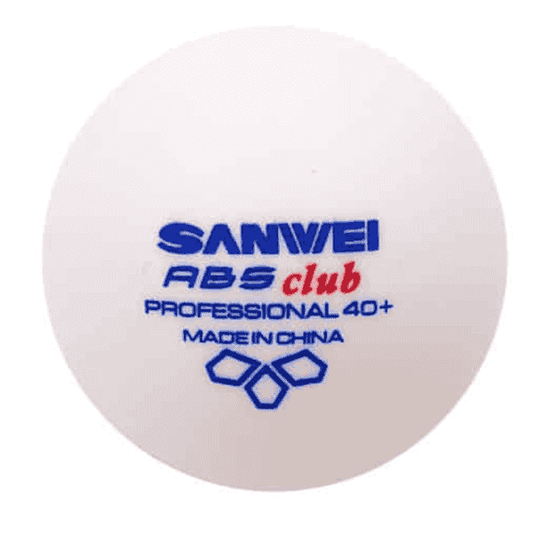 White table tennis ball with 'Sanwei ABS club Professional 40+' text on a white background