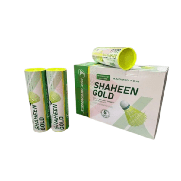 Pro Kennex Shaheen Gold badminton shuttlecocks with packaging on a white background