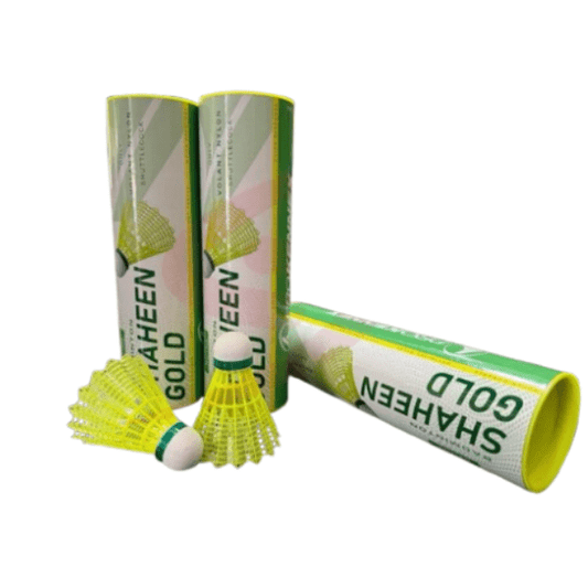 Shaeven Gold badminton shuttlecocks with packaging on a white background
