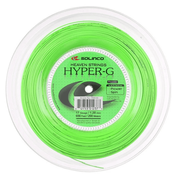 Solinco Heaven Strings Hyper-G tennis string reel in bright neon green, featuring 17 gauge (1.20 mm) polyester string with 656 feet (200 meters) of string for maximum power and spin.