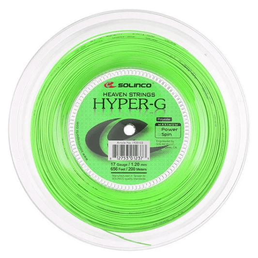 Solinco Heaven Strings Hyper-G tennis string reel in bright neon green, featuring 17 gauge (1.20 mm) polyester string with 656 feet (200 meters) of string for maximum power and spin.