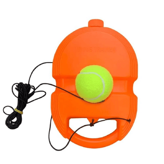 Orange tennis ball launcher with a yellow tennis ball on a white background