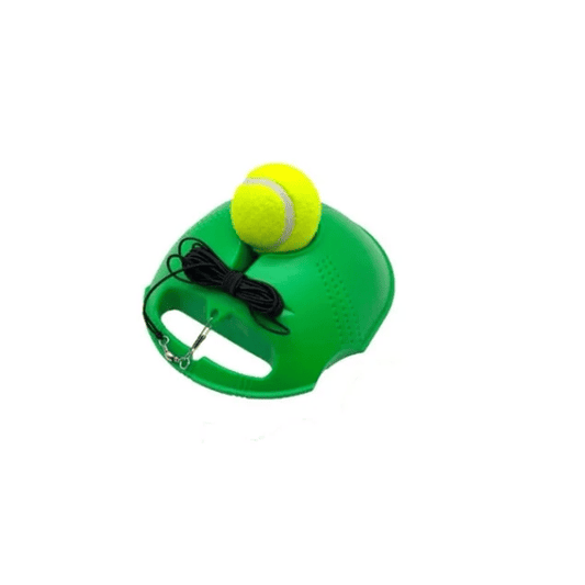Green tennis ball launcher with a yellow tennis ball on a white background