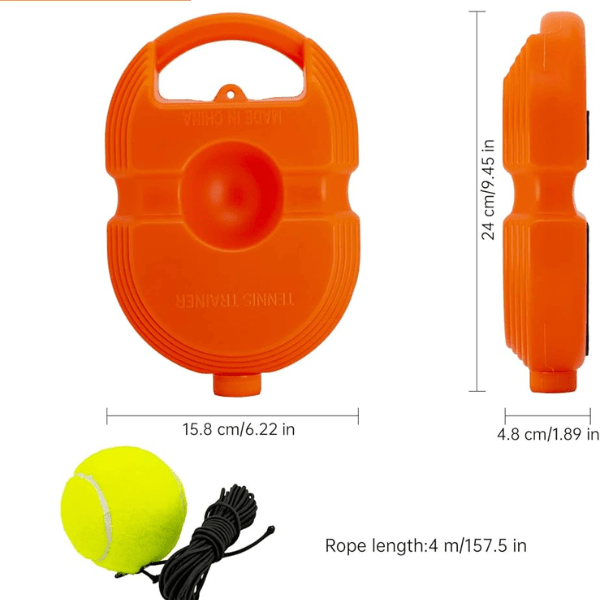Orange dog training device with a tennis ball and rope on a white background