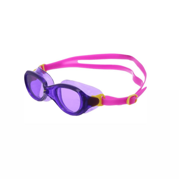 Speedo Datura Classic Junior swimming goggles with purple tinted lenses, purple frame, and pink adjustable silicone strap