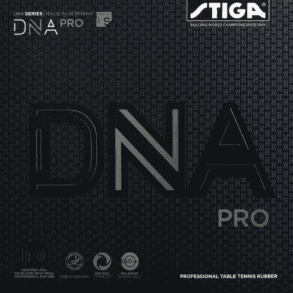 Stiga DNA Pro table tennis rubber with brand logo and text on a dark background
