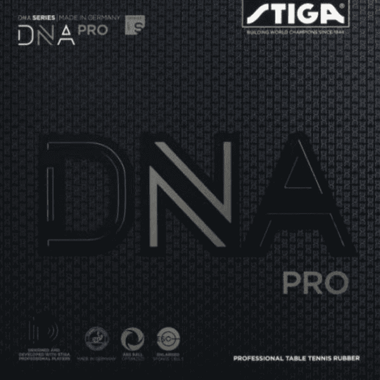 Stiga DNA Pro table tennis rubber with brand logo and text on a dark background