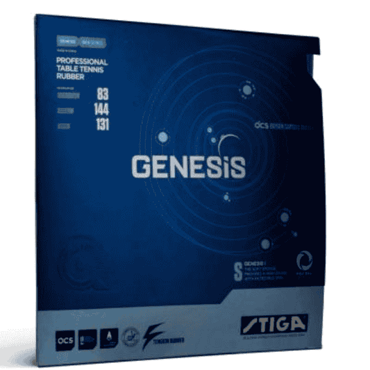 Blue packaging of Stiga Genesis table tennis rubber with branding and specifications.