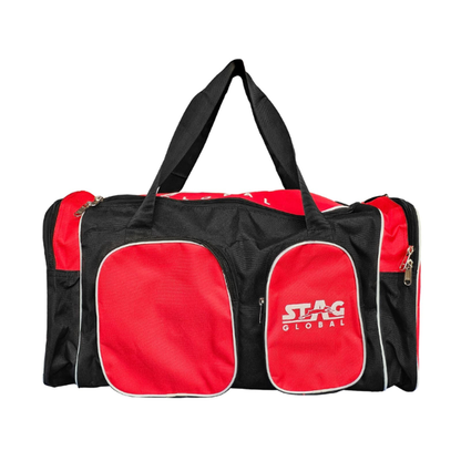 Black and red duffel bag with 'Stag Global' logo on a white background