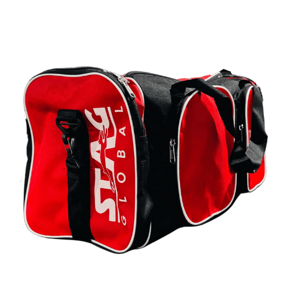 Red and black duffel bag with 'Star Global' logo on a white background