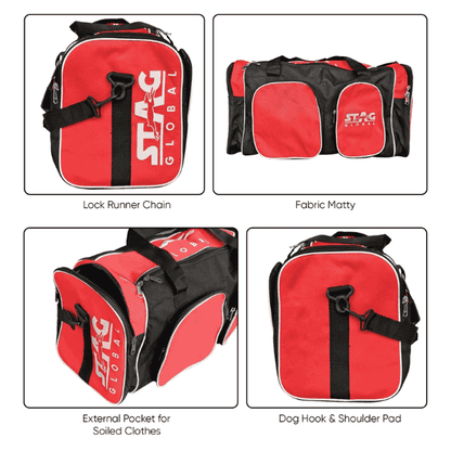 Red and black bag with Stag Global branding, showing different features.