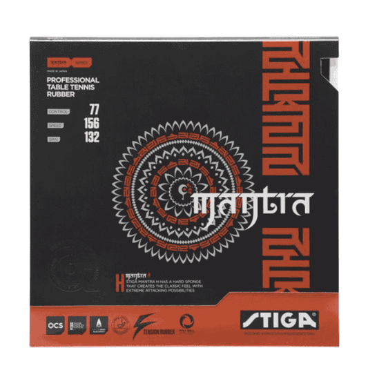 Table tennis rubber packaging with branding and specifications on a black and orange background