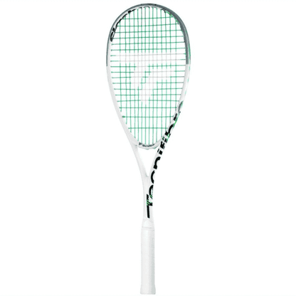 Tecnifibre Slash 125 squash racket with white frame and neon green graphics, designed for powerful and aggressive play.