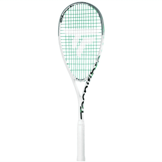 Tecnifibre Slash 125 squash racket with white frame and neon green graphics, designed for powerful and aggressive play.
