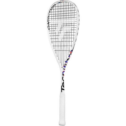 White squash racket with black and blue design on a white background