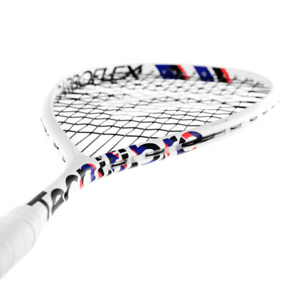 Tennis racket with a white handle and red, blue, and black design on the strings against a white background