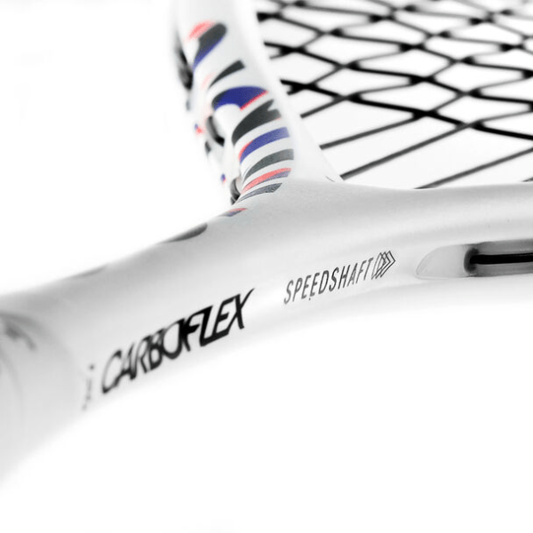 Close-up of a white lacrosse shaft with 'Carboflex' and 'Speedshaft' branding on a white background.