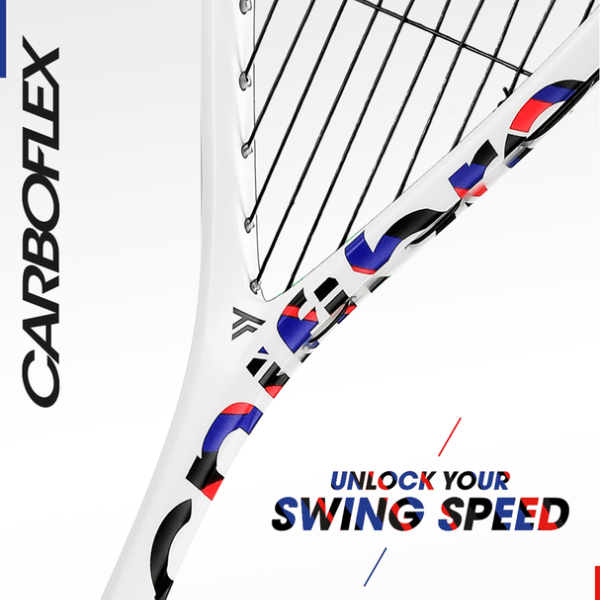 Close-up of a Carboflex tennis racket with branding and promotional text.