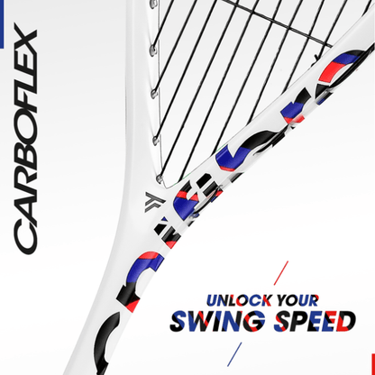 Close-up of a Carboflex tennis racket with branding and promotional text.