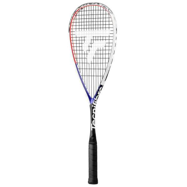Squash racket with a black handle and red and blue strings on a white background