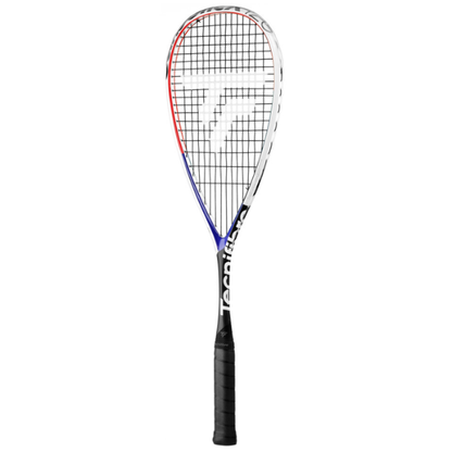 Squash racket with a black handle and red and blue strings on a white background